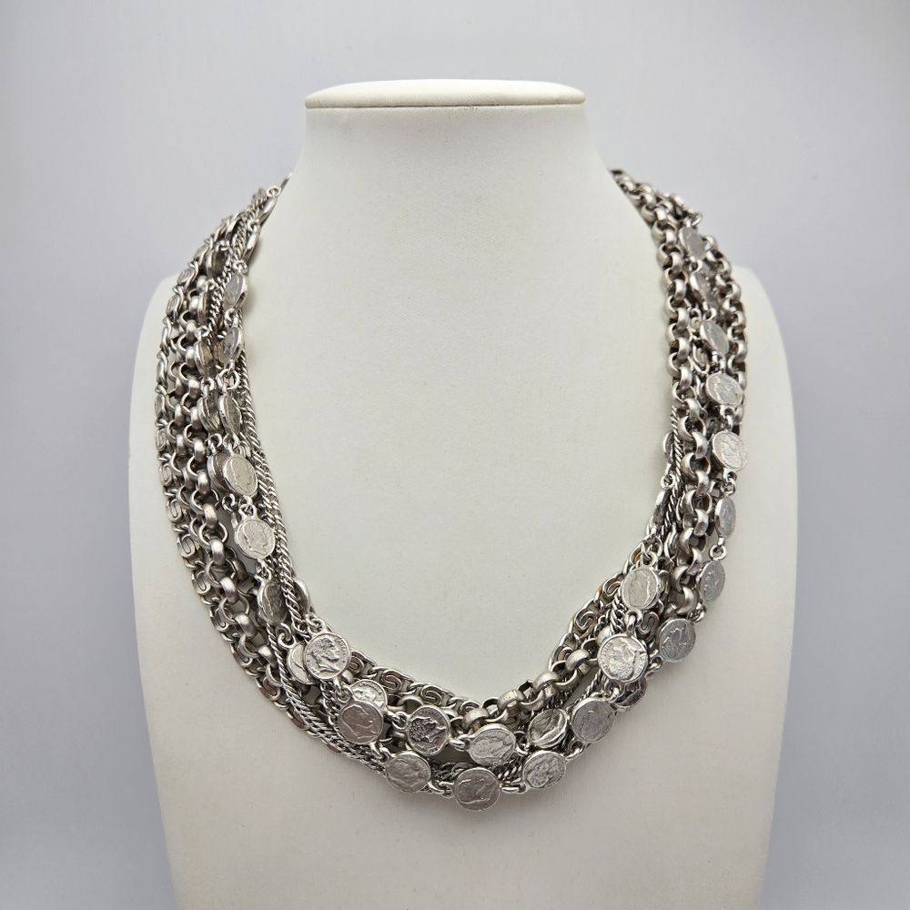 Lady Remington Coin Necklace Multistrand 1980s 80s Statement Silvertone Vintage